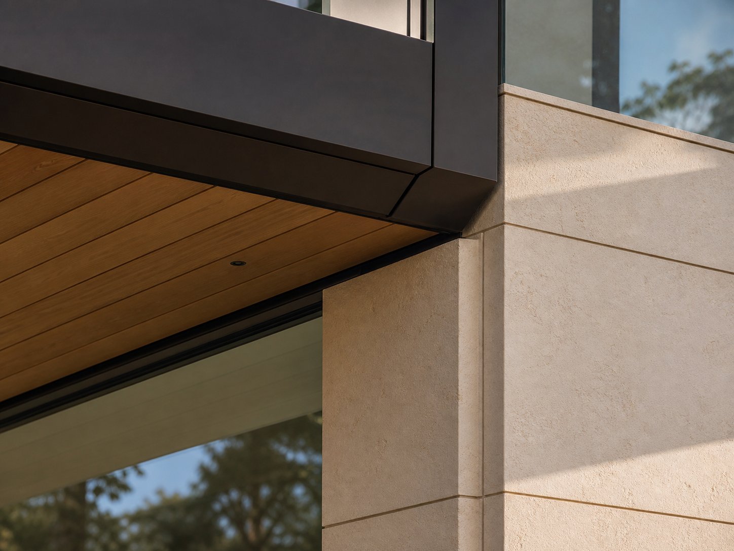 Completed architectural construction detail in stone, metal, timber and glass