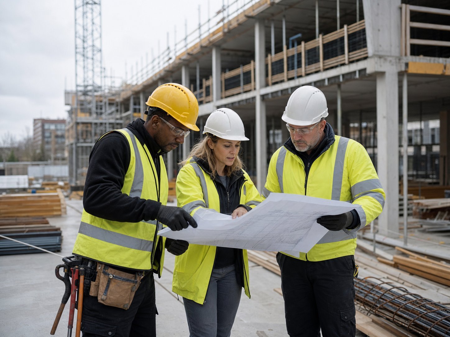 Site team in correct PPE reviewing construction plans
