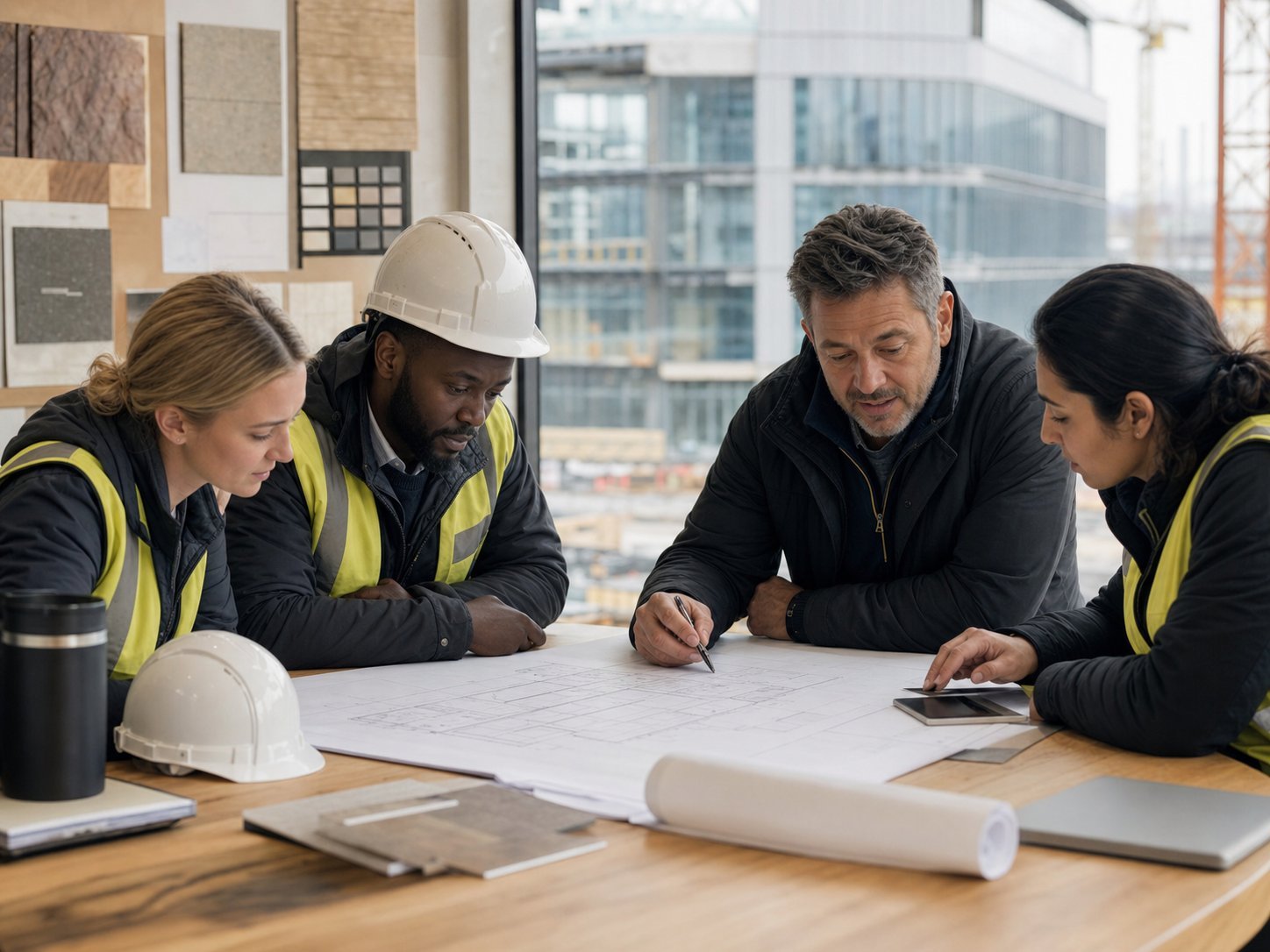 Construction and engineering team collaborating around project drawings